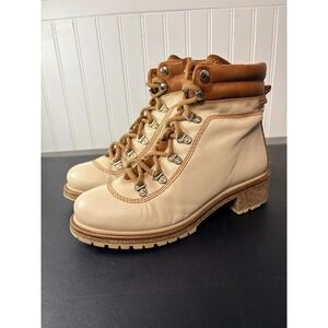 Pikolinos Women Cream Brown Leather Lace Up Side Zip Hiking Ankle Boots Size 9.5